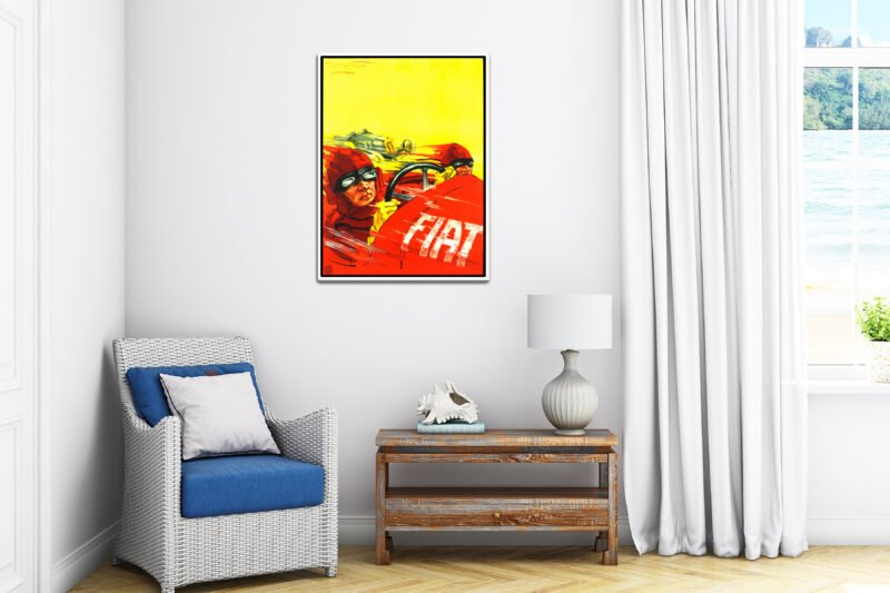 Vintage Fiat car racing poster, grand prix poster