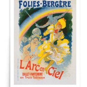 Vintage French Theatre Poster, Les Folies Bergere Print Of A Dancing Woman Under A Rainbow