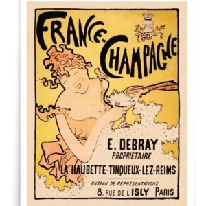 Vintage French Champagne Poster With Yellow Background, Lady With Champagne Bubbles