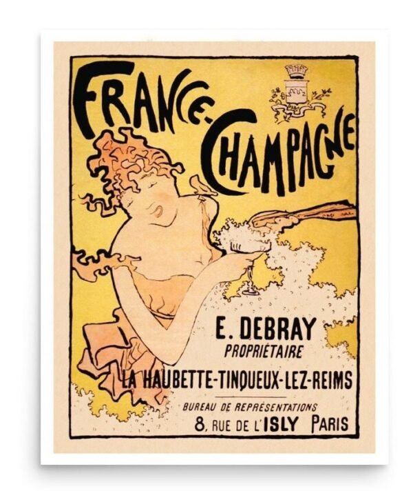 Vintage French Champagne Poster With Yellow Background, Lady With Champagne Bubbles