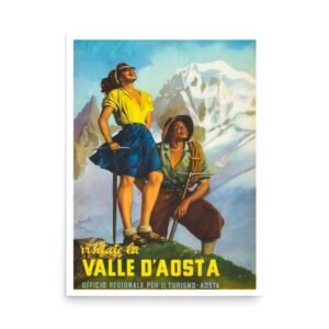 Valle d'Aosta Poster, Vintage Italian Travel Poster Winter Sports Poster, Hiking in Italy Print, Man & Woman Hiking Poster, Stampa Invernale