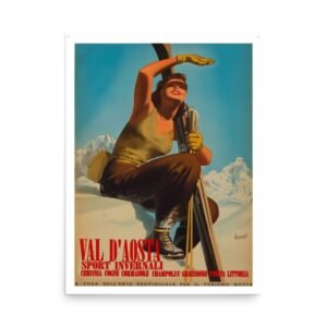 Val d'Aosta, Vintage Ski Italian Travel Poster Winter Sports Poster, Skiing in Italy Print, Woman Skiing Poster, Stampa Sciare Invernale