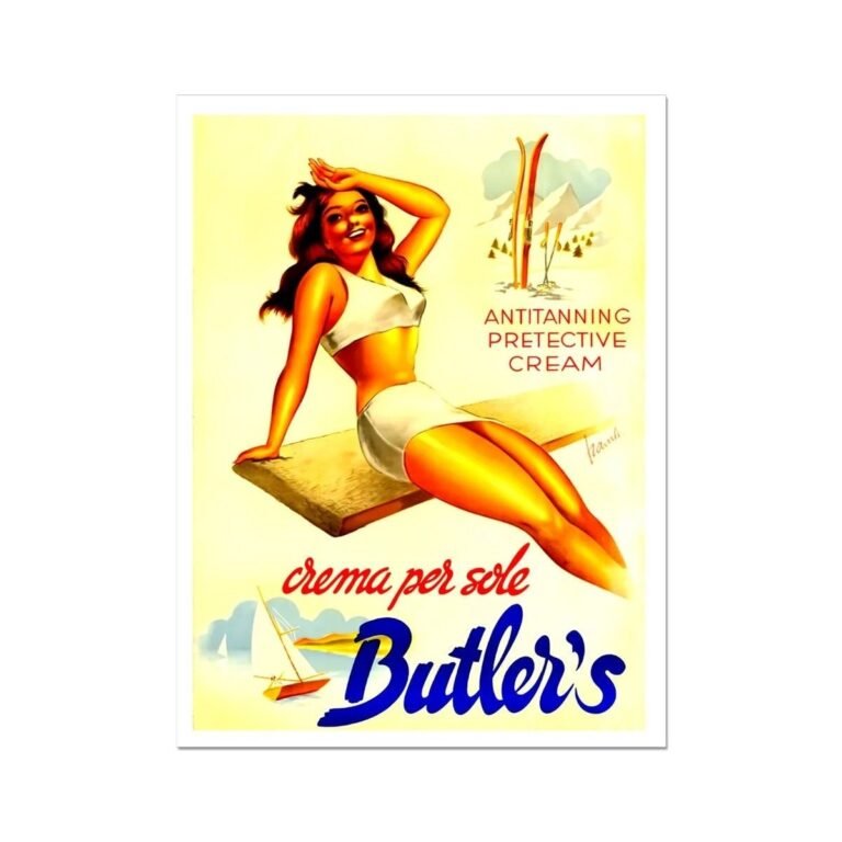 Butler's Sun Cream Vintage British Ad Poster, Italian Market Sun Cream Historic Poster, Vintage Cosmetics Poster, Vintage Beauty Print