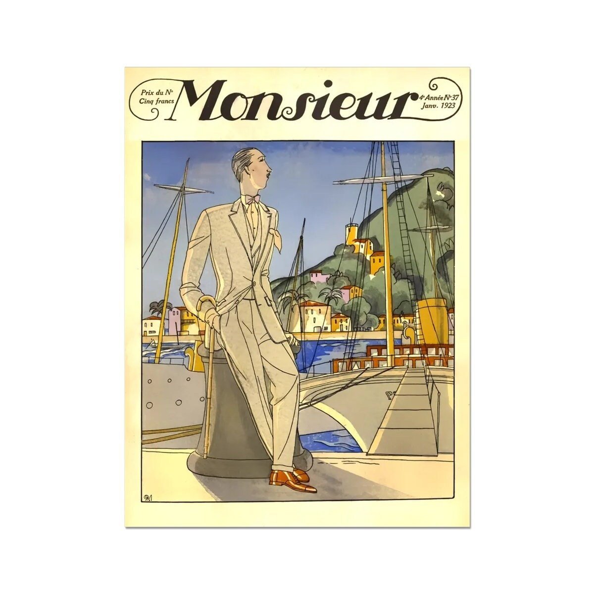 Vintage Fashion Poster Magazine Cover Poster Monsieur Revue Des E'legances Magazine Cover January 1923 Poster Print, Men's Fashion Poster