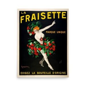 La Fraisette Vintage French Advertising Poster, Lady With Strawberries And Strawberry Drink Bottle.