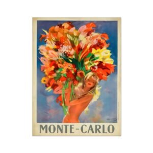 Monte-Carlo Poster, Monaco Tourism Poster Print, Vintage French Travel Poster, Monte Carlo Girl & Flowers, Print