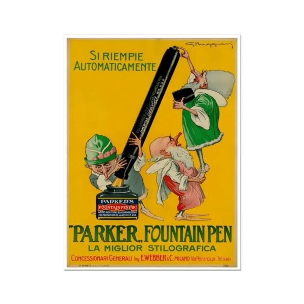 Parker Fountain Pen Poster, Vintage Italian Advertising Advert Poster Print, Writing Pen Ad Poster, Italy Pen Poster Print